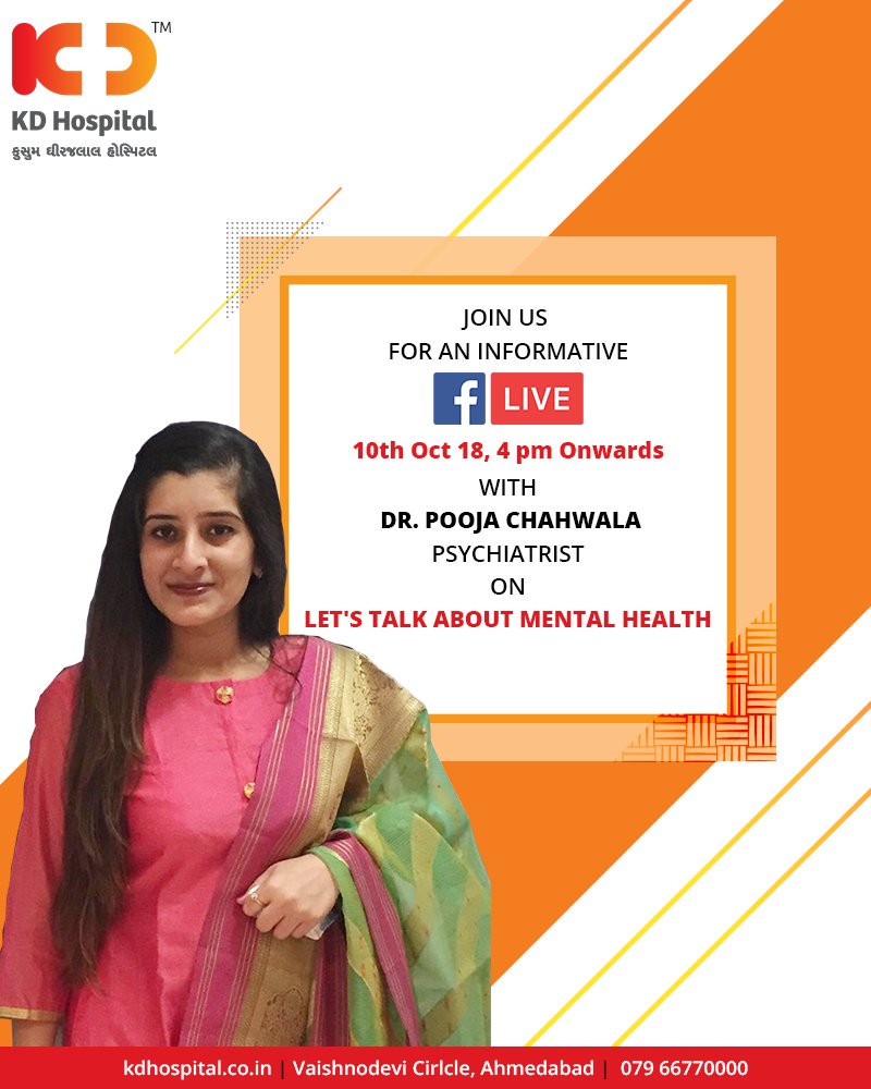 Join us for a #FBLive with Dr. Pooja Chhawala to discuss Mental Health on World Mental Health Day!

#WorldMentalHealthDay #KDHospital #Ahmedabad #Healthcare #GoodHealth https://t.co/lGSIiybPe2