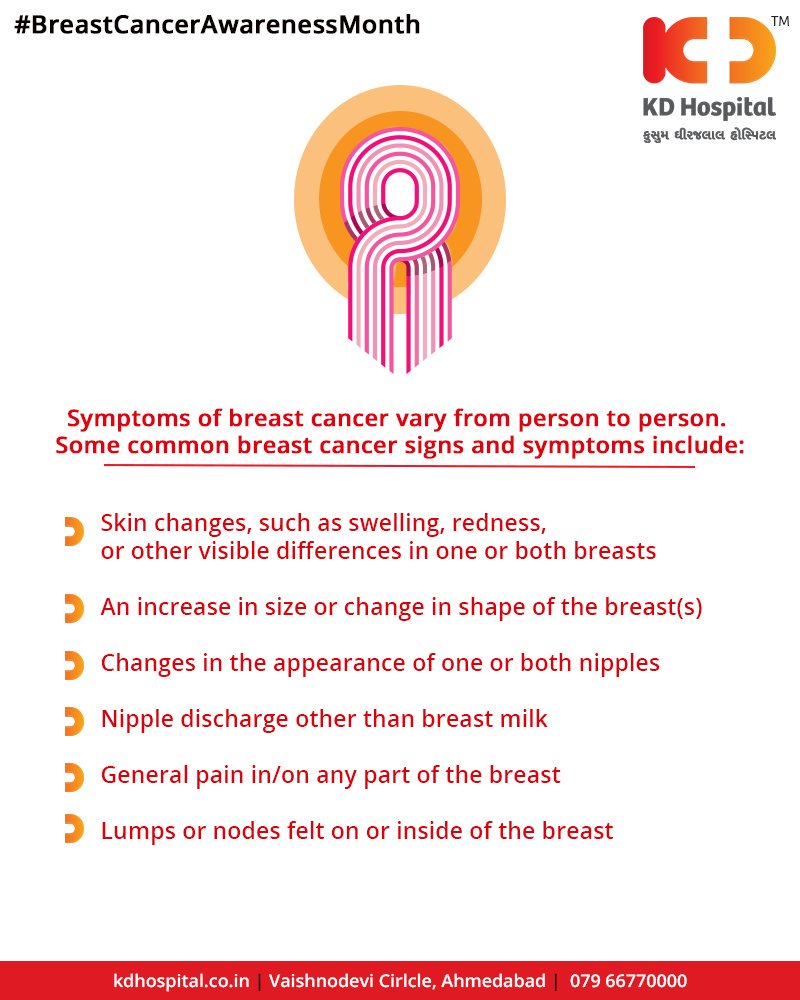 If you observe any of the above symptoms consult your doctor!

#breastcancer #October #BreastCancerAwareness #BreastCancerAwarenessMonth #KDHospital #Ahmedabad #Healthcare #HealthyLifestyle #GoodHealth https://t.co/cd3caGAu9u