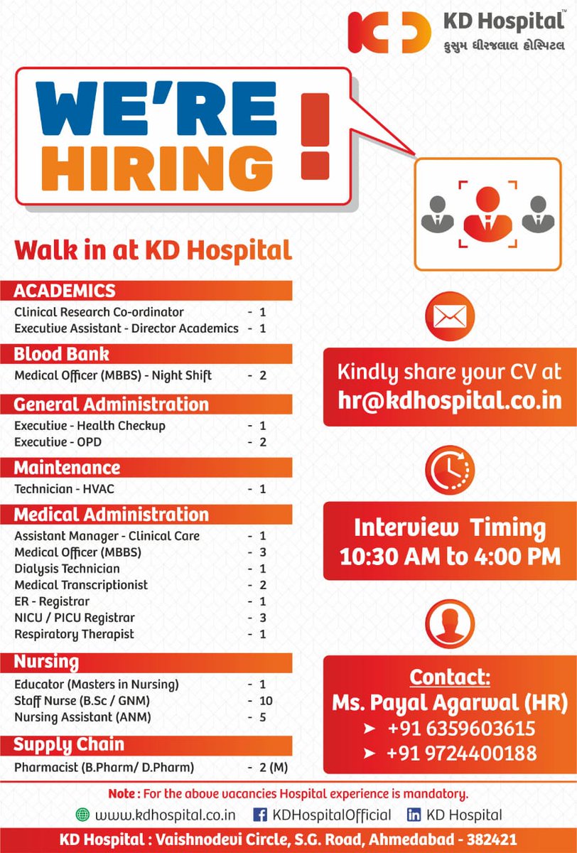 We're Hiring!

#Hiring #JoinKDHospital #KDHospital #GoodHealth #Ahmedabad #Gujarat #India https://t.co/Av6q1HCCh1