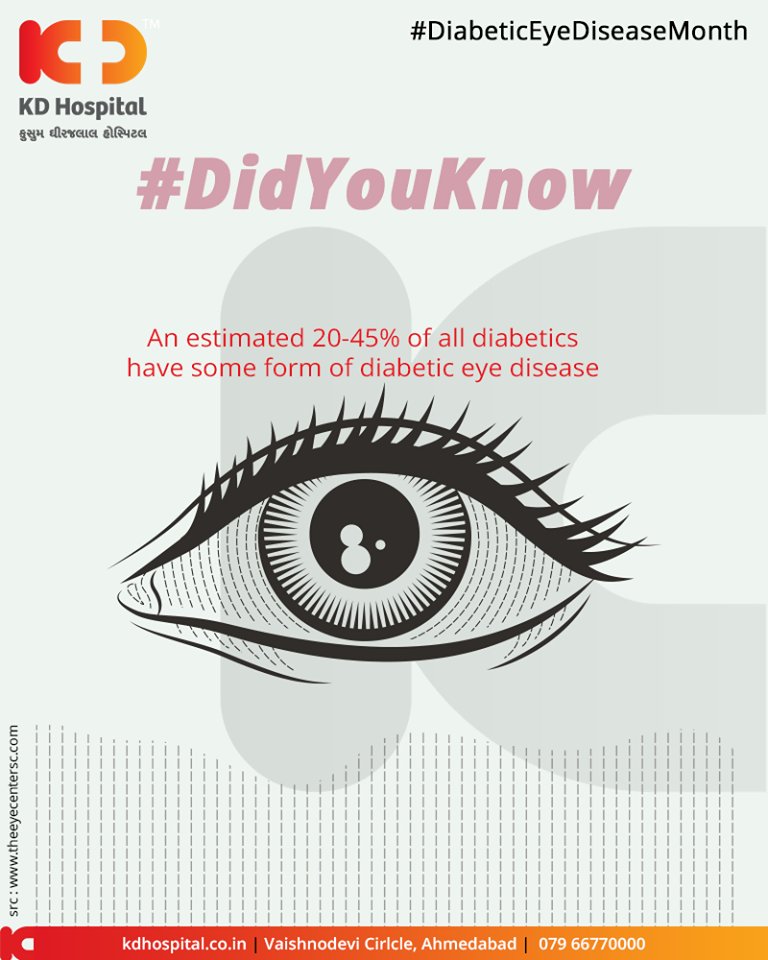 An estimated 20-45% of all diabetics have some form of diabetic eye disease

#DidYouKnow #DiabeticEyeDiseaseMonth #KDHospital #GoodHealth #Ahmedabad #Gujarat #India https://t.co/X8UFN61q4S